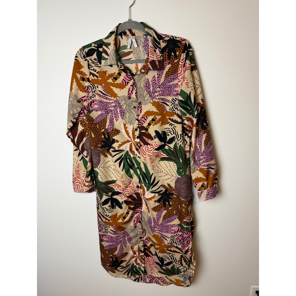 Live 4 Truth Womens Botanical Animal Print Button Down Shirt Dress Tan Pink L